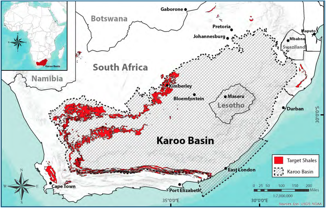 Figure 1 Position of the Karoo Basin and target shales.